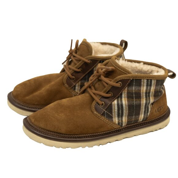 Ugg Pendleton Boot Neumel Brown Leather Plaid Sherpa Hard Sole Chukka Pull On - Picture 1 of 16